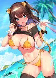 Rule 34 | 1girl, animal ears, aqua eyes, bikini, blurry, bracelet, breasts, brown hair, choker, claw pose, cleavage, clothes lift, commentary request, contrapposto, cowboy shot, day, depth of field, fangs, flower bracelet, horizon, jewelry, large breasts, looking at viewer, mataro (matarou), medium hair, nail polish, navel, one side up, open mouth, original, outdoors, shirt, shirt lift, side-tie bikini bottom, solo, standing, sweat, swimsuit, tail, tiger ears, tiger tail, torn clothes, torn shirt, v-shaped eyebrows, wristband, yellow bikini
