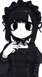 Rule 34 | 1girl, bags under eyes, black dress, black eyes, black hair, black hat, black nails, black ribbon, center frills, closed mouth, colored skin, commentary, dot mouth, dress, expressionless, frills, gothic lolita, hairband, hand on own chest, hat, highres, ketopon, lolita fashion, lolita hairband, long sleeves, neck ribbon, original, ribbon, short hair, simple background, solo, symbol-only commentary, upper body, white background, white skin