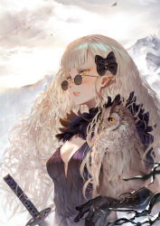 Rule 34 | 1girl, absurdres, bird, black gloves, blonde hair, blunt bangs, blush, bow, branch, breasts, commentary, gloves, hair bow, highres, katana, long hair, looking to the side, messy hair, mountain, original, outdoors, owl, parted lips, pointy ears, ribbed sweater, round eyewear, slit pupils, small breasts, solo, sunglasses, sweater, sword, toriumi harumi, upper body, weapon, yellow eyes