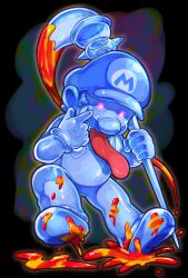 Rule 34 | 1boy, blue eyes, blue gloves, blue hair, blue hat, blue overalls, blue shirt, facial hair, giant brush, gloves, glowing, glowing eyes, graffiti, hat, highres, holding, holding paintbrush, hoshi (star-name2000), looking at viewer, mario (series), mustache, nintendo, overalls, paintbrush, shadow mario, shirt, solo, super mario sunshine, tongue, tongue out