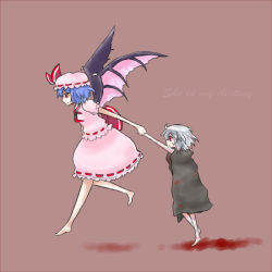 Rule 34 | 2girls, barefoot, bat wings, blood, english text, female focus, holding hands, izayoi sakuya, multiple girls, nuime, numie, red eyes, remilia scarlet, touhou, wings, aged down