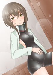 Rule 34 | 10s, 1girl, absurdres, armpits, blush, breasts, brown hair, commentary, highres, indoors, kantai collection, short hair, sidelocks, skin tight, small breasts, smile, solo, taihou (kancolle), wataru (nextlevel), yellow eyes