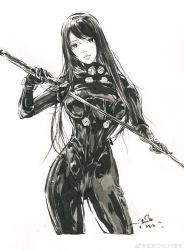 Rule 34 | 1girl, absurdres, black hair, bodysuit, chichi chichi, expressionless, full body, gantz, greyscale, hair strand, highres, holding, holding sword, holding weapon, katana, long hair, looking at viewer, monochrome, painting (medium), shimohira reika, shiny clothes, solo, sword, traditional media, upper body, weapon