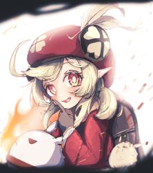 Rule 34 | 1girl, backpack, bag, blonde hair, blush, bright pupils, brown bag, clover print, commentary request, dodoco (genshin impact), fire, flower, from side, genshin impact, gloves, grey gloves, gumi (guminghc), hat, hat flower, highres, index finger raised, jacket, jumpy dumpty, klee (genshin impact), long sleeves, looking at viewer, looking to the side, low twintails, medium hair, open mouth, pointy ears, print headwear, red eyes, red hat, red jacket, short twintails, smile, solo, twintails, upper body, white background, white pupils