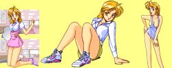 Rule 34 | 1990s (style), 1girl, aliasing, amano mai, breasts, clothes pull, game cg, idol janshi suchie-pai, indoors, jaleco, nipples, no bra, panties, retro artstyle, shirt pull, smile, sonoda ken&#039;ichi, stitched, third-party edit, underwear, waitress