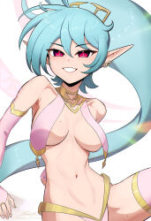 Rule 34 | 1girl, absurdres, bare shoulders, blue hair, breasts, bridal gauntlets, cleavage, collarbone, colored sclera, commentary, earrings, eyelashes, hair between eyes, highres, jewelry, large breasts, long hair, looking at viewer, mole, mole on breast, mole on thigh, navel, original, pink eyes, pointy ears, ponytail, purple sclera, revenantart, simple background, smile, solo, teeth, very long hair, white background, zadi (revenantart)