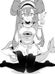 Rule 34 | 1girl, blush, breasts, collarbone, creatures (company), ddari, double bun, game freak, gen 5 pokemon, greyscale, hair between eyes, hair bun, hand up, highres, long hair, medium breasts, monochrome, nintendo, no shoes, pantyhose, parted lips, poke ball symbol, pokemon, pokemon (creature), pokemon bw2, rosa (pokemon), shadow, short sleeves, simple background, skirt, snivy, sweat, twintails, v, very long hair, visor cap, wavy mouth, white background
