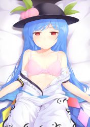 Rule 34 | 1girl, bad id, bad pixiv id, black hat, blue hair, blue skirt, bra, breasts, clothes pull, collarbone, food, frown, fruit, hat, highres, hinanawi tenshi, kanpa (campagne 9), leaf, long hair, looking at viewer, lying, on back, partially unbuttoned, peach, pink bra, red eyes, shirt pull, skirt, small breasts, solo, touhou, underwear