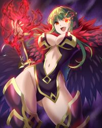Rule 34 | 1girl, :d, absurdres, alternate eye color, black feathers, breasts, center opening, cleavage, corruption, dark persona, feathers, fire, fire emblem, fire emblem: mystery of the emblem, flaming eye, green hair, groin, highres, large breasts, leotard, long hair, navel, nintendo, open mouth, palla (fire emblem), purple background, red eyes, revealing clothes, sirano, smile, solo, thighhighs, tiara