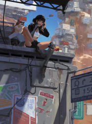 Rule 34 | 1girl, black hair, black jacket, black shorts, blue sky, building, burger, cat, commentary, cup, day, disposable cup, drinking straw, english commentary, food, french fries, grin, highres, holding, holding phone, jacket, kan liu (666k), midriff, original, outdoors, phone, prosthesis, prosthetic arm, prosthetic leg, science fiction, short hair, shorts, sitting, sky, smile, solo, teeth
