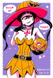 Rule 34 | 1girl, :q, black gloves, blush, bow, breasts, contrapposto, cowboy shot, cyclops, dated, dress, english text, gloves, halloween, hand up, hat, hat bow, heart, heart-shaped pupils, hitomi sensei no hokenshitsu, holding, jack-o&#039;-lantern, large breasts, licking lips, lipstick, long hair, looking at viewer, makeup, manaka hitomi, neck ribbon, one-eyed, purple background, red lips, red ribbon, ribbon, shake-o, short dress, solo, symbol-shaped pupils, tongue, tongue out, twintails, twitter username, witch
