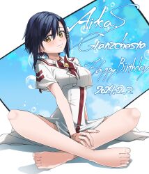 Rule 34 | 1girl, aika granzchesta, aogirism, aria (manga), bare legs, barefoot, blue hair, blush, bow, bowtie, breasts, character name, closed mouth, dated, dress, earrings, full body, hair between eyes, hand on own leg, happy birthday, highres, himeya company uniform, impossible clothes, impossible dress, indian style, jewelry, legs, medium breasts, medium hair, red bow, red bowtie, sailor collar, shadow, short sleeves, sitting, solo, toenails, toes, white dress, yellow eyes