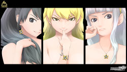Rule 34 | 3girls, antenna hair, applying manicure, aqua eyes, armpits, artist request, bare shoulders, black border, black hair, blonde hair, border, bracelet, clenched hands, collarbone, earrings, evil, evil smile, eyelashes, female focus, finger to mouth, fingernails, ganaha hibiki, green eyes, grin, hair over shoulder, hairband, hand up, high ponytail, hoshii miki, idolmaster, idolmaster (classic), jewelry, long fingernails, long hair, looking at viewer, multiple girls, namco, neck, necklace, no bra, nude, parted bangs, parted lips, pendant, ponytail, project fairy, purple eyes, shijou takane, side bangs, sidelocks, silver hair, smile, standing, topless, topless frame, unworn clothes, upper body, v-shaped eyebrows, very long hair, wavy hair, yellow hairband