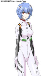Rule 34 | 1girl, ayanami rei, blue hair, bodysuit, bracer, breasts, expressionless, gloves, hair ornament, interface headset, looking at viewer, lowres, midori (searchlight), neon genesis evangelion, pale skin, petite, plugsuit, red eyes, short hair, simple background, small breasts, solo, standing, turtleneck, watermark, web address, white background