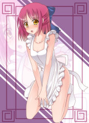 Rule 34 | 00s, 1girl, absurdres, apron, ass, blush, collarbone, embarrassed, female focus, flat chest, full body, hair ribbon, highres, kneeling, kohaku (tsukihime), kohatsuka, maid, maid apron, naked apron, open mouth, pink hair, red hair, ribbon, short hair, socks, solo, teeth, thighs, tsukihime, upper teeth only, yellow eyes, zoom layer