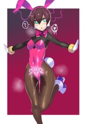 Rule 34 | !, !?, 1girl, aile (mega man zx), blush, border, bracelet, breasts, brown hair, covered navel, drooling, fishnets, gloves, green eyes, heart, heart-shaped pupils, high heels, jewelry, leg up, mega man (series), mega man zx, open mouth, pantyhose, pink background, playboy bunny, pubic tattoo, purple lips, pussy juice, robot ears, short hair, solo, symbol-shaped pupils, tattoo, ukimukai, wet, wet clothes, white border