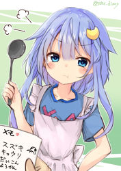Rule 34 | &gt;:(, 1girl, :t, alternate costume, apron, blue eyes, blush, collarbone, commentary request, crescent, crescent hair ornament, failure penguin, hair between eyes, hair ornament, kantai collection, long hair, pout, purple hair, short hair with long locks, short sleeves, sidelocks, solo focus, sou (soutennkouchi), translation request, twitter username, white apron, yayoi (kancolle)