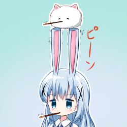 Rule 34 | 1girl, 1other, = =, abstract background, animal ears, balancing, balancing on head, blue bow, blue eyes, blue fur, blue hair, blush, bow, collared shirt, commentary request, double vertical stripe, food, food in mouth, full body, furrowed brow, gochuumon wa usagi desu ka?, gradient background, green background, hair between eyes, hair ornament, hair tie, haruiroha, jitome, kafuu chino, light blue hair, parted lips, pocky, pocky day, pocky in mouth, pout, rabbit ears, rabbit girl, rabbit house uniform, shirt, solo, tippy (gochiusa), translation request, trembling, upper body, very long ears, white fur, white shirt, x hair ornament