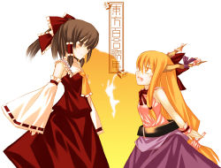 Rule 34 | 2girls, bare shoulders, belt, black hair, blonde hair, bow, bowtie, brown hair, collar, cowboy shot, detached sleeves, dress, eye contact, female focus, from side, hair bow, hakurei reimu, height difference, horns, ibuki suika, long hair, long sleeves, looking at another, low-tied long hair, multiple girls, nu (plastic eraser), orange hair, red bow, red bowtie, red dress, ribbon-trimmed sleeves, ribbon trim, simple background, touhou, very long hair, white background