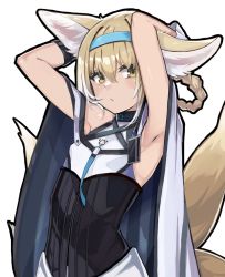 Rule 34 | 1girl, animal ears, arknights, arms up, black collar, black gloves, blonde hair, blue hairband, braid, cloak, collar, dress, fox ears, fox girl, fox tail, gloves, hairband, idashige (walkietalkie), infection monitor (arknights), kitsune, looking at viewer, multiple tails, short hair, simple background, single glove, solo, suzuran (arknights), tail, upper body, white background, wrist cuffs, yellow eyes