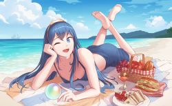 Rule 34 | 1girl, :d, absurdres, alternate costume, apple, awan0918, bare shoulders, beach, berry, bikini, bikini top only, blue bikini, blue eyes, blue hair, blue sarong, blue sky, breasts, cleavage, cloud, commentary, crossed legs, cup, day, drink, drinking glass, english commentary, fire emblem, fire emblem awakening, fire emblem heroes, food, fruit, hair between eyes, highres, horizon, legs up, long hair, lucina (fire emblem), lying, mountainous horizon, nintendo, ocean, on stomach, one eye closed, open mouth, orb, picnic basket, plate, sand, sandwich, sarong, ship, shore, sky, small breasts, smile, solo, swimsuit, tiara, towel, watercraft, waves, wine glass