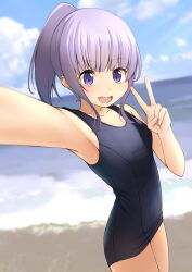 Rule 34 | 1girl, :d, bare shoulders, beach, blue sky, blurry, blurry background, cloud, collarbone, commentary request, cowboy shot, day, depth of field, fang, hand up, highres, horizon, ocean, old school swimsuit, open mouth, original, outdoors, ponytail, purple eyes, purple hair, school swimsuit, selfie, shibacha, sky, smile, solo, standing, swimsuit, v, water