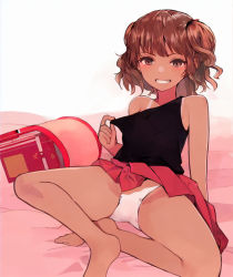 Rule 34 | 1girl, arano oki, backpack, bag, bare arms, bare shoulders, bed sheet, black shirt, brown eyes, brown hair, clothes lift, clothes pull, commentary request, grin, highres, looking at viewer, original, panties, pleated skirt, pulling own clothes, randoseru, red skirt, shirt, shirt pull, simple background, skirt, skirt lift, smile, solo, tan, tanline, two side up, underwear, white background, white panties