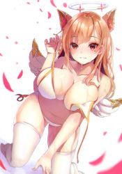 Rule 34 | 1girl, amahara pekozaemon, animal ears, bikini, bikini pull, blush, breasts, brown eyes, brown hair, cleavage, clothes pull, halo, hand up, highres, kneeling, large breasts, long hair, looking at viewer, navel, parted lips, petals, shadowverse, smile, solo, swimsuit, thighhighs, untied bikini, wet, white thighhighs, wings