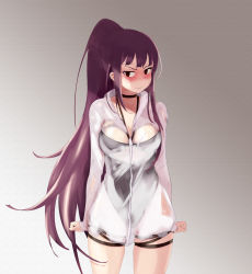 Rule 34 | 1girl, absurdres, black one-piece swimsuit, blush, breasts, cleavage, clenched hands, coat, dopamine70, embarrassed, girls&#039; frontline, high ponytail, highres, long hair, looking away, official alternate costume, one-piece swimsuit, purple eyes, purple hair, see-through, sidelocks, solo, swimsuit, swimsuit under clothes, very long hair, wa2000 (girls&#039; frontline), wa2000 (op. manta ray) (girls&#039; frontline), wavy mouth