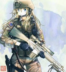 Rule 34 | 1girl, american flag, ar-10, battle rifle, black gloves, blonde hair, bulletproof vest, camouflage, closed mouth, clothes writing, cowboy shot, desert camouflage, fatigues, gloves, gun, hair between eyes, headset, helmet, highres, holding, holding gun, holding weapon, holster, long hair, looking at viewer, military, military uniform, oofuji reiichirou, original, rifle, sideways glance, smile, sniper rifle, solo, thigh holster, trigger discipline, uniform, united states, weapon, wind