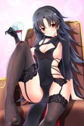Rule 34 | 1girl, alcohol, arm support, armchair, asymmetrical sleeves, bashen chenyue, black dress, black hair, black thighhighs, blush, breasts, chair, character request, cleavage, cleavage cutout, closed mouth, clothing cutout, covered erect nipples, cup, dress, drinking glass, feet, garter belt, hair between eyes, head tilt, highres, holding, holding cup, knee up, large breasts, legs, long sleeves, my 16 love, no shoes, parted bangs, pelvic curtain, pouring, pouring onto self, red eyes, sideboob, sidelocks, single sleeve, sitting, smile, solo, thighhighs, toes, uneven sleeves, wine, wine glass