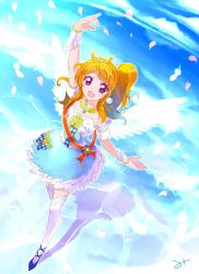 Rule 34 | 10s, 1girl, :d, aikatsu!, aikatsu! (series), angel wings, blush, bow, brown hair, day, dress, earrings, feather trim, feathers, full body, gloves, half gloves, highres, jewelry, long hair, looking at viewer, mitsuhashitaeko, necklace, one side up, ozora akari, open mouth, purple eyes, ribbon, sash, skirt, sky, smile, solo, strapless, strapless dress, thighhighs, tiara, wings