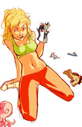 Rule 34 | 1girl, absurdres, blonde hair, commentary, crop top, english commentary, green tank top, hand puppet, hat, highres, king of the hill, luanne platter, midriff, navel, pants, pechan, puppet, red pants, simple background, sketch, swimsuit, tank top, top hat, toy, white background, white footwear