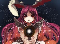 Rule 34 | 1girl, aiming, aiming at viewer, animal ears, berabou, blush, glowing, gun, holding, holding gun, holding weapon, image sample, legacy of lunatic kingdom, long hair, looking at viewer, lunatic gun, outstretched arms, purple hair, rabbit ears, red eyes, reisen udongein inaba, shirt, short sleeves, simple background, smile, solo, touhou, upper body, weapon, wings