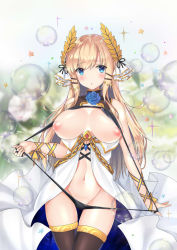 Rule 34 | 1girl, azur lane, black thighhighs, blonde hair, blue eyes, blue flower, blue rose, blush, breasts, breasts apart, bubble, cowboy shot, flower, groin, head tilt, highres, inverted nipples, large breasts, long hair, looking at viewer, navel, nipples, parted lips, rose, sakurai momoka no musuko, slingshot swimsuit, solo, sparkle, strap pull, swimsuit, thighhighs, very long hair, victorious (azur lane)