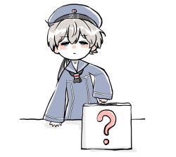 Rule 34 | 1girl, ?, bad id, bad twitter id, black neckerchief, blue eyes, blue hat, box, clothes writing, commentary request, dress, hat, kantai collection, karin bluez3, neckerchief, sailor collar, sailor dress, sailor hat, short hair, silver hair, simple background, solo, white background, z1 leberecht maass (kancolle)