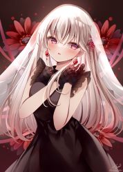 Rule 34 | 1girl, black dress, dress, earrings, floral background, flower, hair between eyes, hands up, jewelry, looking at viewer, original, own hands together, parted lips, red eyes, red flower, sakura hiyori, see-through, signature, sleeveless, sleeveless dress, solo, twitter username, veil, white hair