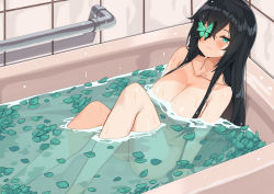 Rule 34 | 1girl, bare shoulders, bathing, black hair, blush, breasts, bug, butterfly, cleavage, closed mouth, collarbone, commission, green eyes, hair between eyes, highres, insect, kaosu kun, knees up, large breasts, long hair, looking at viewer, nude, original, partially submerged, smile, solo, very long hair