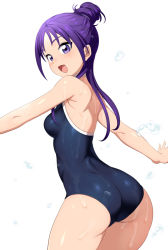 Rule 34 | 00s, 1girl, :d, ass, blush, breasts, competition school swimsuit, from behind, futari wa precure splash star, hair ornament, half updo, long hair, mishou mai, one-piece swimsuit, open mouth, ponytail, precure, purple eyes, purple hair, school swimsuit, shin&#039;ya (shin&#039;yanchi), short hair, simple background, smile, solo, swimsuit, wet, white background