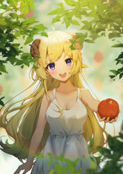Rule 34 | 1girl, :d, absurdres, ahoge, animal ears, bare arms, bare shoulders, blonde hair, blush, breasts, dress, food, fruit, hair ornament, highres, holding, holding food, holding fruit, hololive, horns, incoming food, long hair, looking at viewer, medium breasts, open mouth, outstretched arm, plant, purple eyes, round teeth, sheep ears, sheep girl, sheep horns, shyi, sleeveless, sleeveless dress, smile, solo, teeth, tsunomaki watame, upper body, upper teeth only, very long hair, virtual youtuber, white dress
