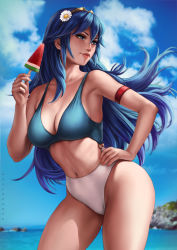 Rule 34 | 1girl, alternate breast size, armband, beach, bikini, blue eyes, blue hair, breasts, cleavage, clothing cutout, collarbone, cowboy shot, dandon fuga, day, fire emblem, fire emblem awakening, flower, food, hair flower, hair ornament, hand on own hip, highres, large breasts, long hair, lucina (fire emblem), multicolored clothes, multicolored swimsuit, navel, nintendo, one-piece swimsuit, pinup (style), popsicle, solo, standing, stomach cutout, swimsuit, tiara, watermelon bar