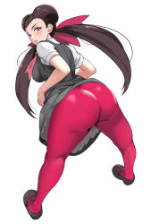 Rule 34 | 1girl, ass, black dress, black footwear, blush, bow, breasts, brown hair, commentary, creatures (company), dress, from behind, full body, game freak, hair bow, highres, jirusu, legs apart, lips, long hair, looking at viewer, looking back, medium breasts, nintendo, pantyhose, parted lips, pokemon, pokemon oras, red eyes, roxanne (pokemon), shiny clothes, shoes, short dress, simple background, skirt, twintails, white background
