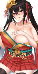 Rule 34 | 1girl, :q, absurdres, azur lane, bare shoulders, black hair, black thighhighs, breasts, cleavage, crossed bangs, hand on own chest, highres, huge breasts, japanese clothes, kimono, looking at viewer, mask, mask on head, miniskirt, red eyes, red kimono, red skirt, satsuka (258), simple background, sitting, skirt, solo, taihou (azur lane), thighhighs, tongue, tongue out, twintails, wariza, white background, wide sleeves, zettai ryouiki
