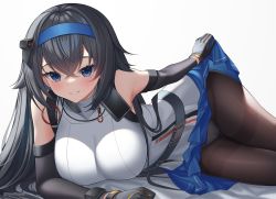 Rule 34 | 1girl, absurdres, bare shoulders, black gloves, black hair, black pantyhose, blue eyes, blue hairband, blue skirt, blush, breasts, crossed bangs, elbow gloves, girls&#039; frontline, gloves, hairband, highres, large breasts, looking at viewer, lying, mole, mole under eye, on side, pantyhose, parted lips, rynzfrancis, simple background, skirt, smile, solo, super sass (girls&#039; frontline), super sass (mod3) (girls&#039; frontline), white background