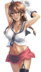 Rule 34 | 1girl, anchor symbol, armpits, arms behind back, arms up, asymmetrical legwear, bare shoulders, belt, blush, braid, breasts, brown hair, cleavage, collarbone, commentary request, cowboy shot, crop top, garter straps, gloves, green eyes, highres, kantai collection, kokuzou, large breasts, long hair, looking at viewer, midriff, miniskirt, navel, necktie, noshiro (kancolle), open mouth, pleated skirt, red skirt, school uniform, serafuku, shirt, simple background, single thighhigh, skirt, sleeveless, sleeveless shirt, smile, solo, stomach, swept bangs, thighhighs, twin braids, uneven legwear, white background, white gloves