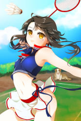 Rule 34 | 1girl, armpits, badminton, badminton racket, bare shoulders, blush, brown hair, clothes lift, concentrating, crop top, dog, holding, long hair, lowres, lying, midriff, miniskirt, mole, navel, outstretched arm, parted lips, racket, short hair with long locks, sita vilosa, skirt, skirt lift, solo, sword girls, tari, tongue, tongue out, wind, wind lift, yellow eyes