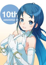 Rule 34 | anniversary, blue eyes, blue hair, breasts, dolphins3ino, dress, elbow gloves, gloves, gradient background, highres, kantai collection, long hair, samidare (kancolle), sleeveless, sleeveless dress, small breasts, very long hair, white dress, white gloves