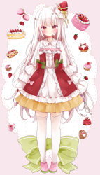 Rule 34 | 1girl, absurdres, bad id, bad pixiv id, blush, bow, cake, closed mouth, commentary, cream, cream on face, doily, dress, food, food-themed hair ornament, food on face, frilled dress, frills, fruit, full body, green bow, hair ornament, highres, holding, holding knife, knife, long hair, long sleeves, looking at viewer, original, pink background, pink footwear, red eyes, ribbon, shoes, simple background, sleeves past wrists, smile, solo, standing, strawberry, strawberry hair ornament, symbol-only commentary, thighhighs, tsukiyo (skymint), very long hair, white dress, white hair, white thighhighs, yellow bow, yellow ribbon
