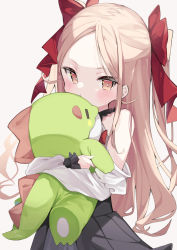 Rule 34 | bad id, bad twitter id, black dress, blonde hair, character request, collared shirt, cowboy shot, detached sleeves, dress, forehead, hair ornament, hime cut, holding, koyubita, medium hair, hugging object, orange eyes, original, red ribbon, ribbon, shirt, simple background, stuffed toy, white shirt