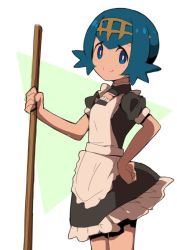 Rule 34 | 1girl, alternate costume, apron, black dress, blue eyes, blue hair, blush, closed mouth, creatures (company), dress, enmaided, frilled dress, frills, game freak, hair between eyes, hand on own hip, holding, lana (pokemon), looking at viewer, looking to the side, maid, maid apron, natsunagi takaki, nintendo, pokemon, pokemon sm, puffy short sleeves, puffy sleeves, short hair, short sleeves, smile, solo, standing, white apron